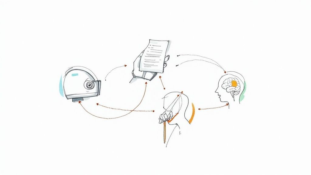 A diagram illustrating a loop between a robot, a hand with a document, a person writing, and a human brain.