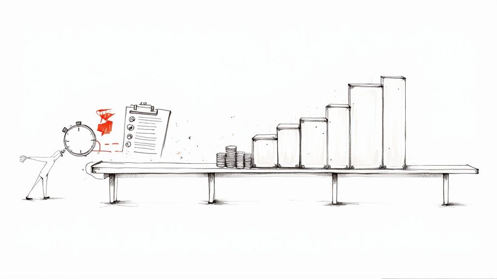 A stick figure pushing a stopwatch and clipboard to generate coins and a rising bar chart, symbolizing workflow automation and growth.