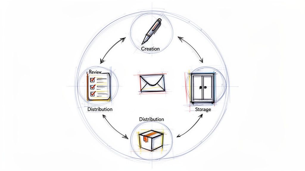 Workflow diagram illustrating document creation, review, storage, and distribution in a continuous cycle.