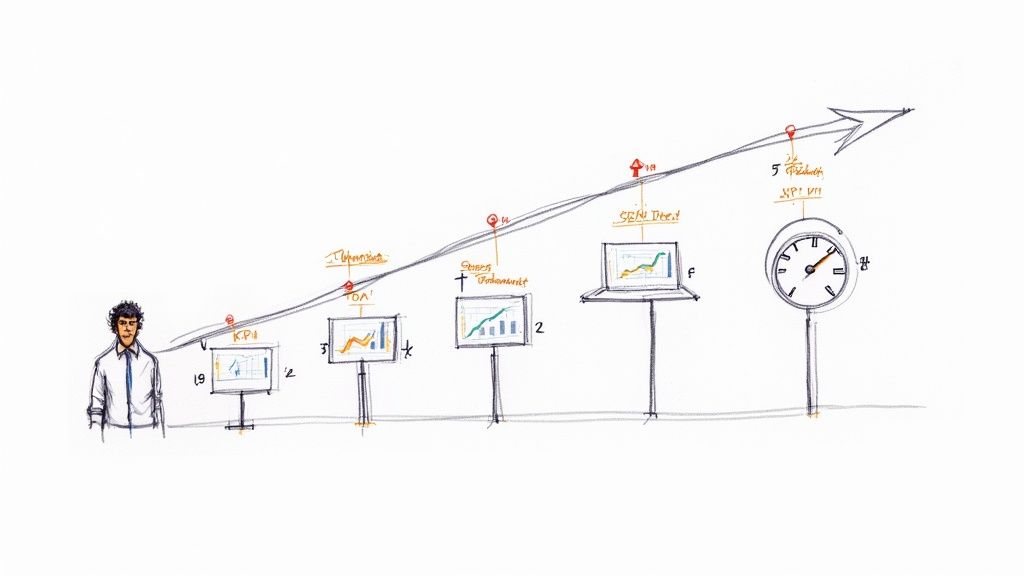 A person looking at a dashboard with various KPIs and charts on a screen, measuring business performance.