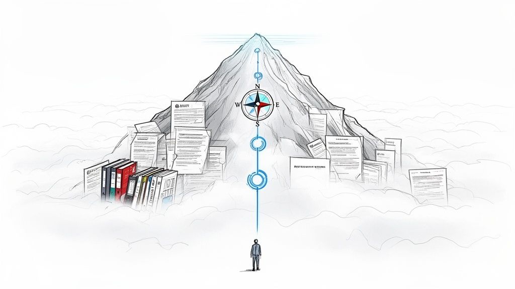 Businessman facing a mountain of documents, guided by a compass and digital path, symbolizing compliance challenges.