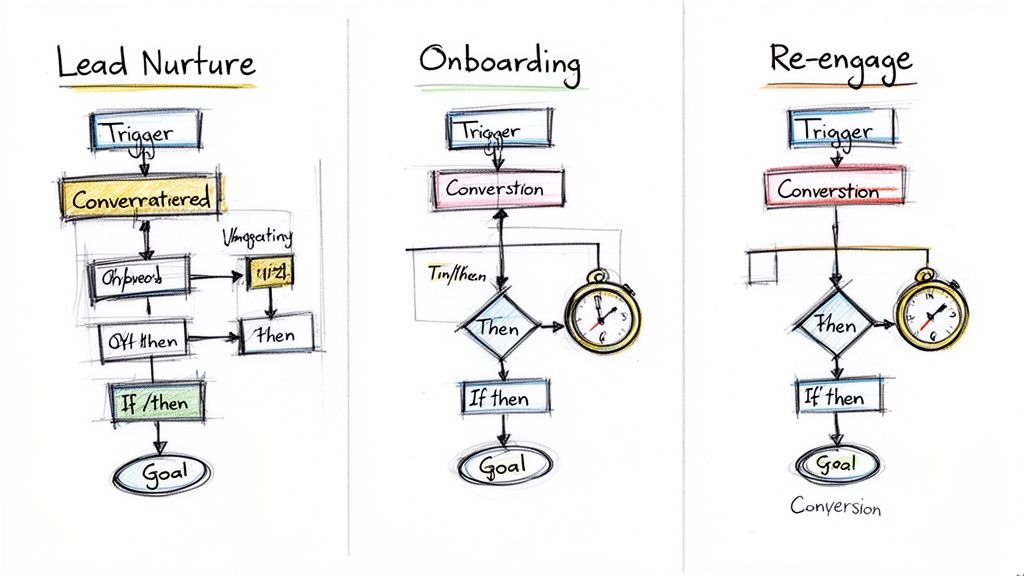 Three hand-drawn marketing automation workflows for lead nurture, onboarding, and re-engagement, showing triggers, decisions, and goals.