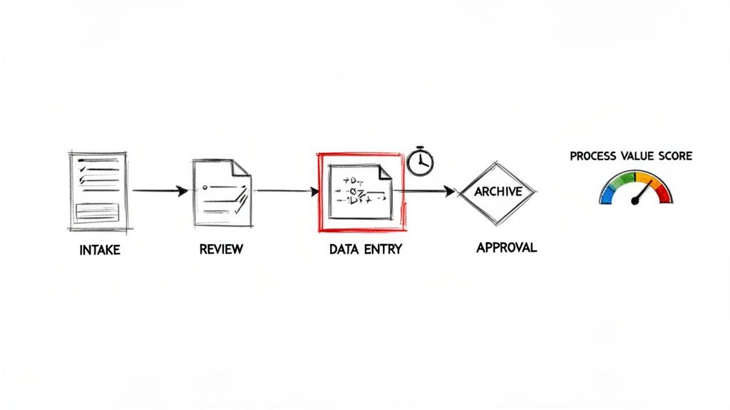 A flowchart illustrates a document processing workflow: Intake, Review, Data Entry (highlighted in red with a clock icon), Approval, leading to a Process Value Score gauge.