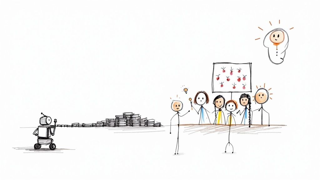 A robot automates tasks, while a group of people brainstorm ideas and a glowing baby represents innovation.