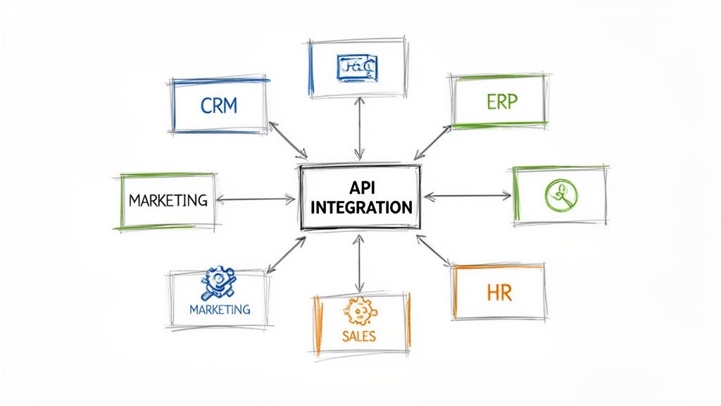 Diagram showing API integration connecting various business functions like CRM, ERP, Marketing, Sales, and HR.