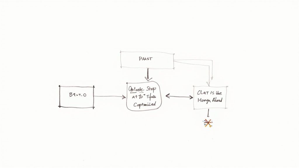 A team collaborating around a whiteboard covered in sticky notes, visually mapping out a business process.