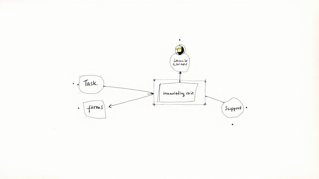 Hand-drawn diagram showing knowledge management workflow with task, forms, supporting elements and editing circle