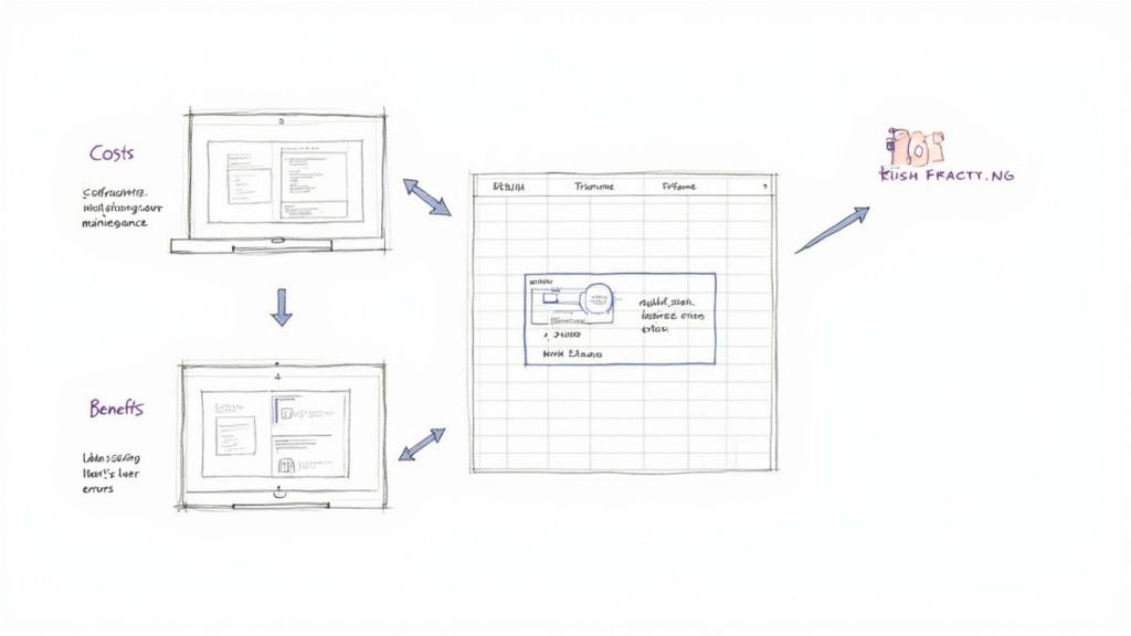 A diagram illustrating costs, benefits, and financial data in a spreadsheet for ROI analysis.