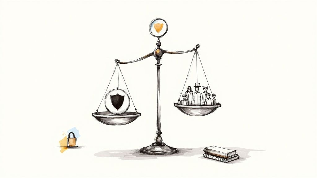 An image showing a magnifying glass over a digital representation of a person, symbolizing the scrutiny of data for bias and privacy.