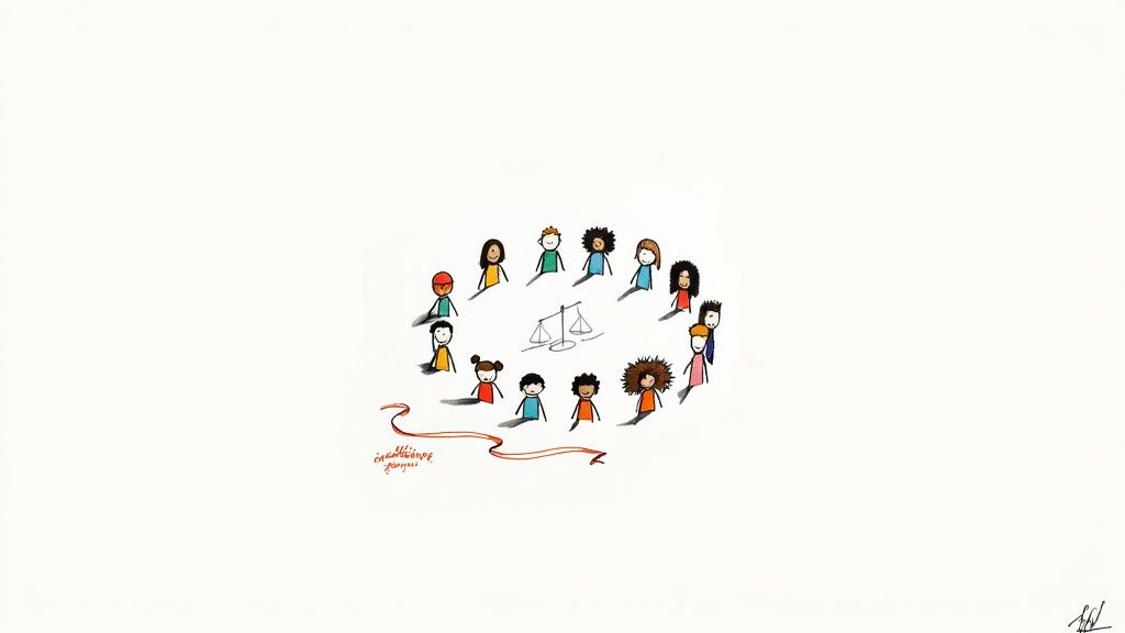 A diverse group of cartoon people forming a circle around a justice scale, symbolizing equality and community.