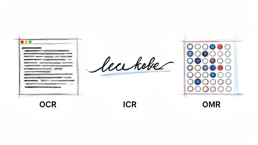 Illustrations of OCR for printed text, ICR for handwritten signature, and OMR for marked bubbles, explaining data recognition.
