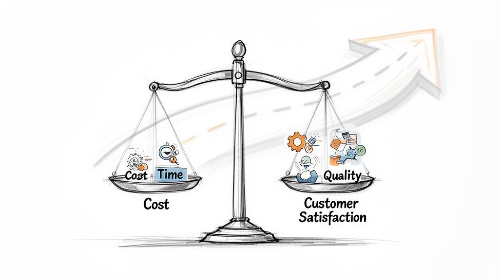 A scale illustrating the trade-off between cost/time and quality/customer satisfaction for business growth.