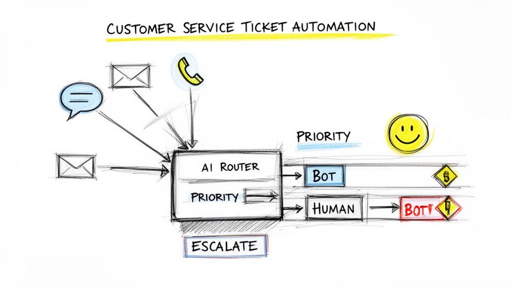 A sketch diagram depicts an AI router automating customer service requests from chat, email, and phone, routing to bots or humans.