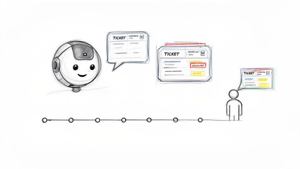 Illustration of a robot chatbot assisting a user with ticket requests, shown with various ticket UI designs and a process timeline.