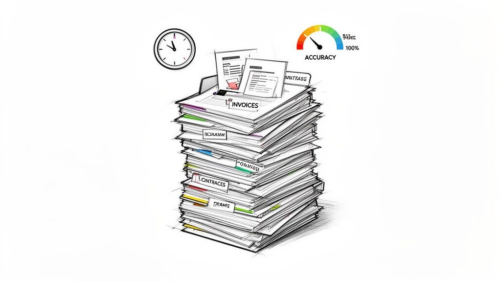 A large stack of business documents, including invoices and contracts, next to a clock and an accuracy gauge.