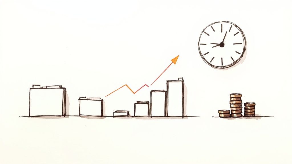 Business growth chart with folders, clock, and coins illustrating document management efficiency and time savings