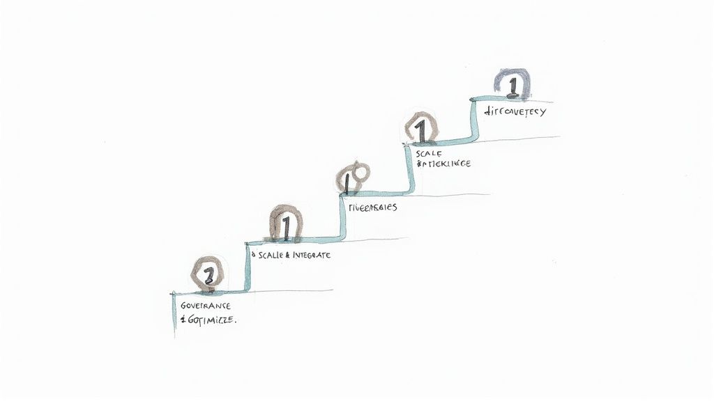 A hand-drawn staircase diagram outlining five stages of a business process, including discovery, scaling, and governance.