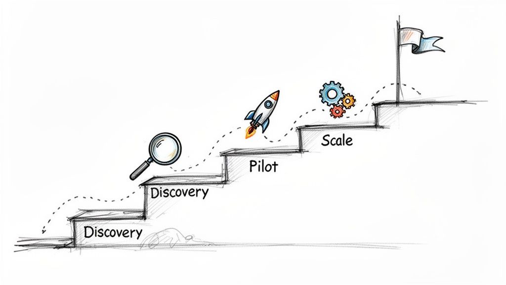 A staircase diagram illustrates project phases: Discovery, Pilot, and Scale, leading to a flag.