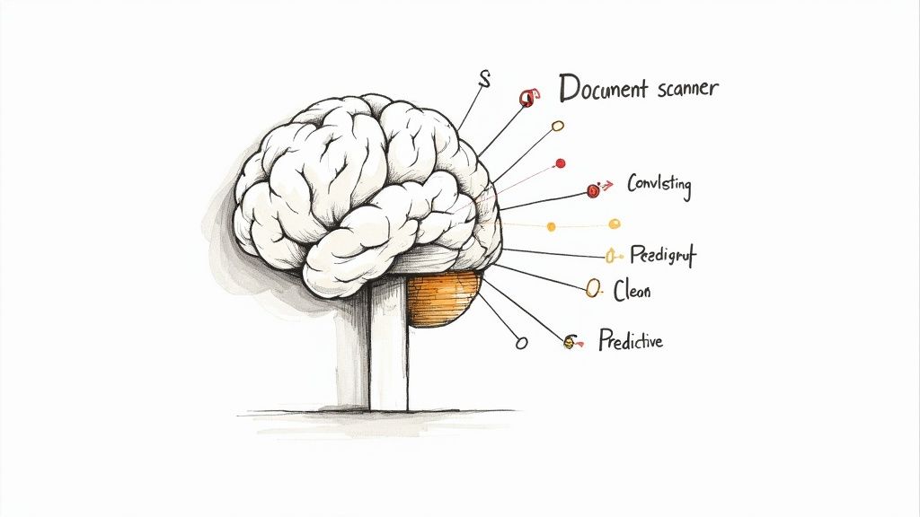 Illustration of a brain connected to various concepts such as document scanning and predictive analytics.