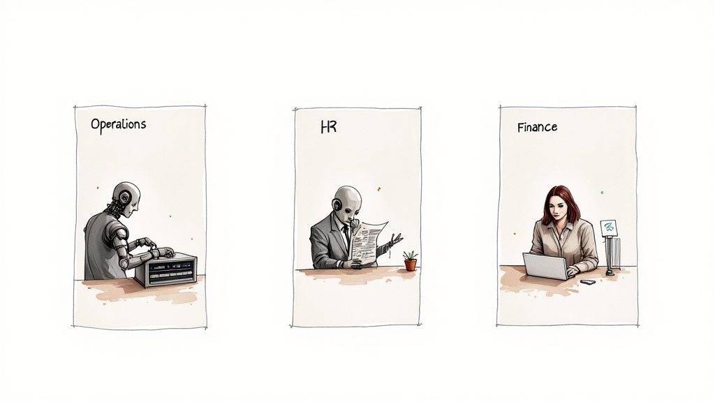 Three panels illustrate operations, HR, and finance departments, contrasting robots and a human at work.