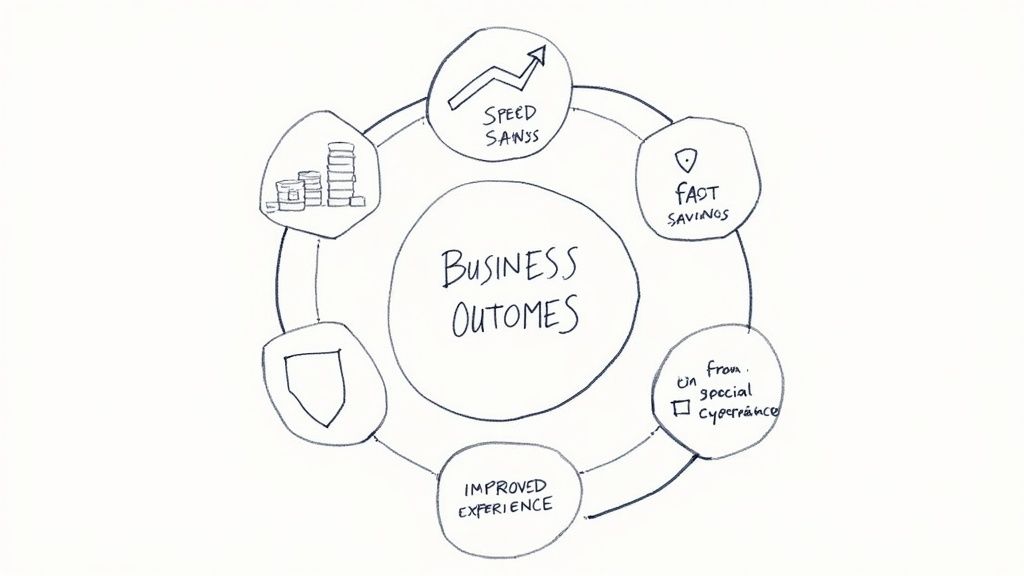 A hand-drawn diagram illustrates 'Business Outcomes' at its core, surrounded by connected hexagons depicting benefits like speed gains, fast savings, improved experience, and security.