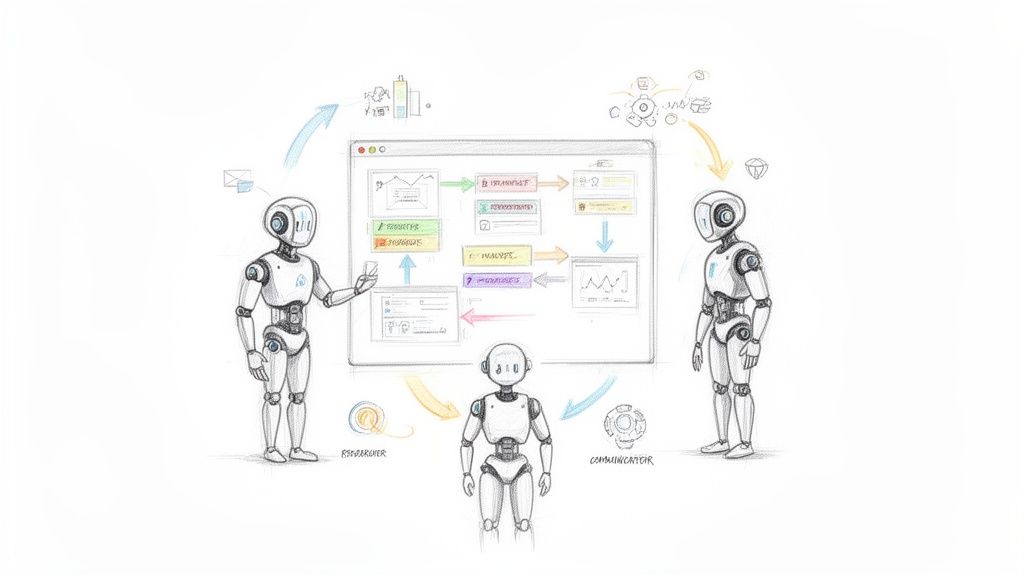 AI robots interacting with a comprehensive digital workflow diagram, illustrating automated agent processes and collaboration.
