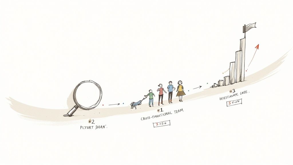 A hand-drawn illustration showing a business process from investigation to a cross-functional team achieving goals on a rising bar chart.