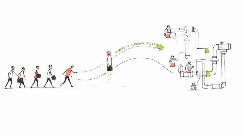 Cartoon of people shedding tasks into a complex, automated processing system with operators.