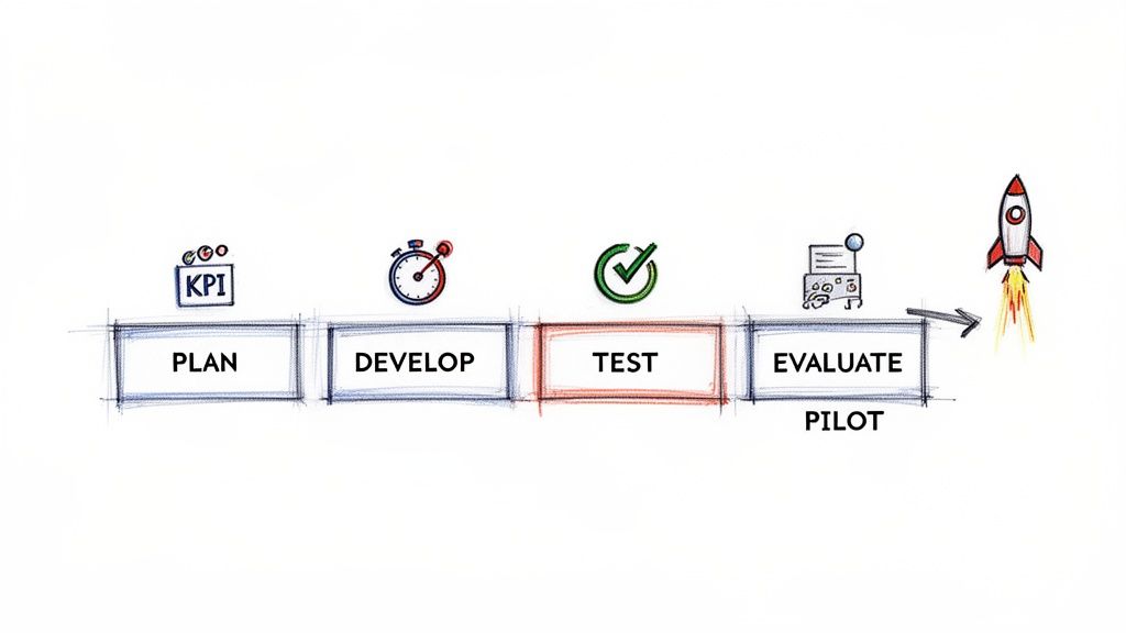 A five-step process diagram: Plan, Develop, Test, Evaluate/Pilot, culminating in a rocket launch.