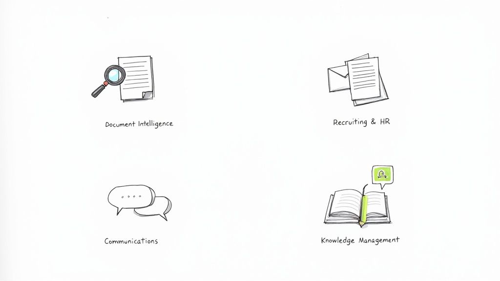 Four sketched icons depicting applications: Document Intelligence, Recruiting & HR, Communications, and Knowledge Management.
