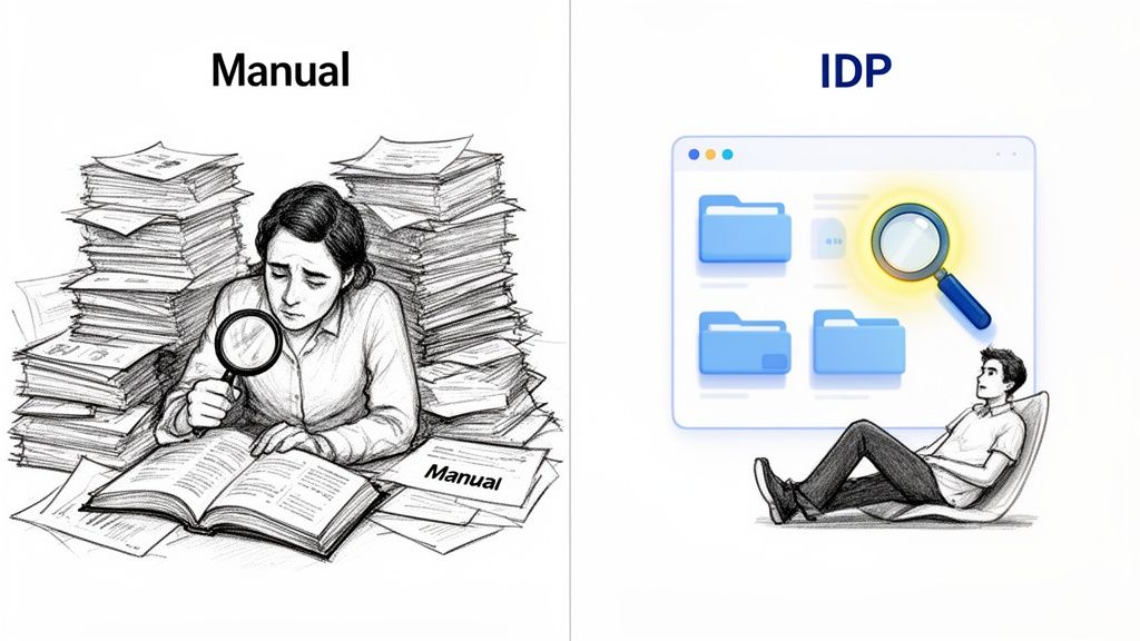 Comparison of manual document review with stacks of paper versus automated IDP with digital files.