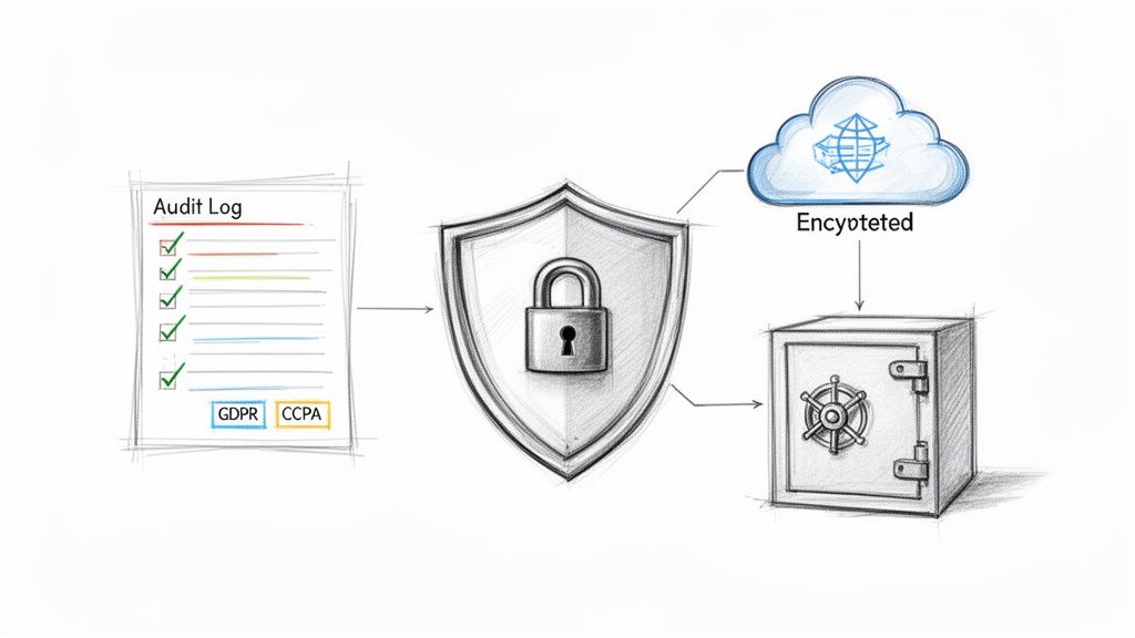 Diagram showing audit logs, GDPR, and CCPA compliance documents secured by encryption and stored in a safe.