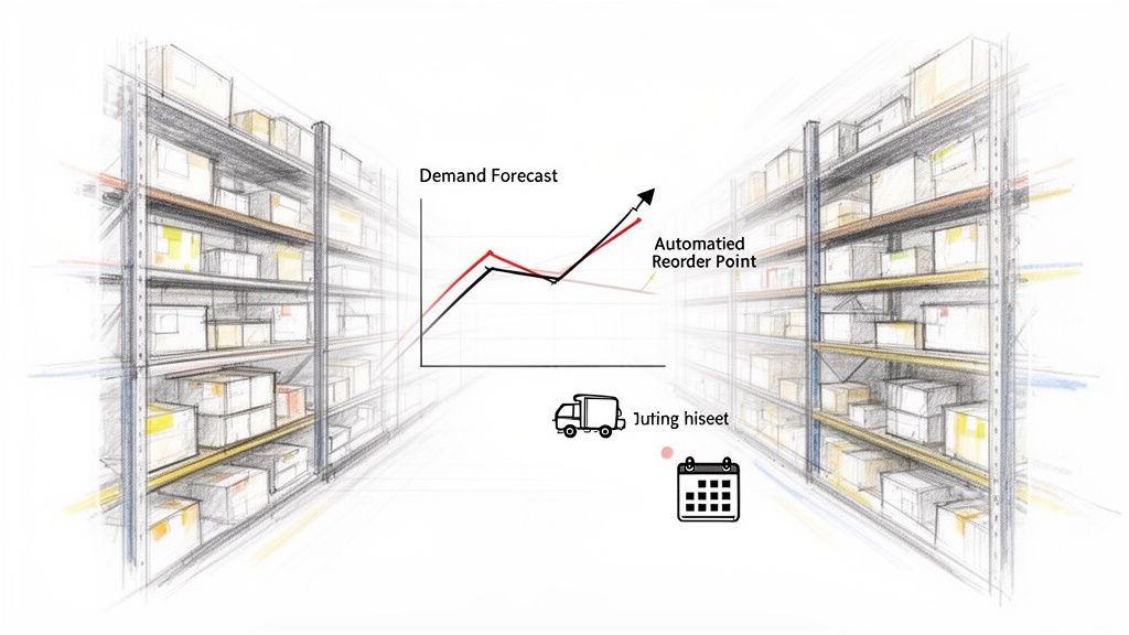 Sketch of a warehouse with shelves, a demand forecast graph, automated reorder point, truck, and calendar.