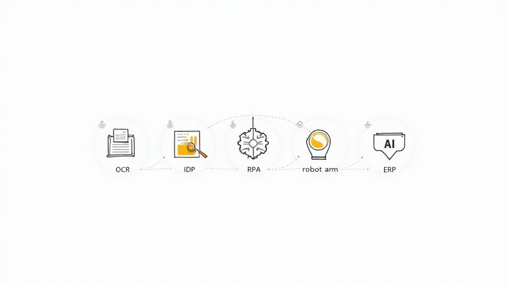 A diagram illustrating an automated document processing workflow from OCR to ERP using AI and robotics.