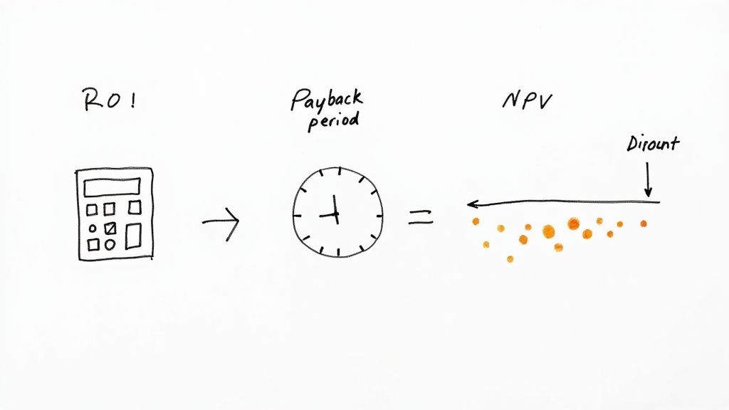 Illustrates financial analysis concepts: ROI calculated with a calculator, payback period as a clock, and NPV with discount.
