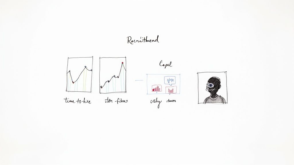 Hand-drawn sketch illustrating recruitment processes, showing graphs for hiring metrics and a person.