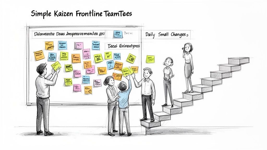 A team collaborating on a whiteboard with sticky notes, symbolizing Kaizen continuous improvement steps.