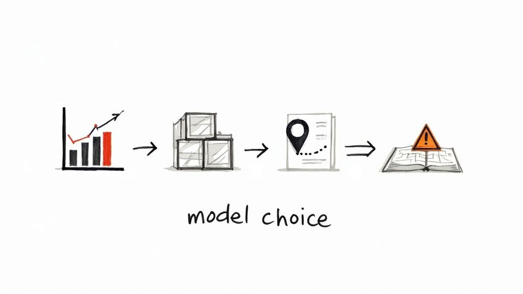 A hand-drawn diagram illustrating 'model choice' through data, components, planning, and risk management.