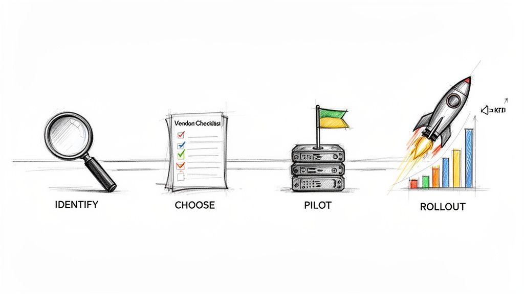 A four-step process: identify, choose, pilot, and rollout with relevant icons.