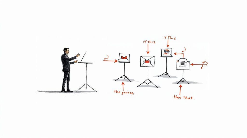 Illustration showing a conductor guiding workflow automation using "if this, then that" logic on music stands.