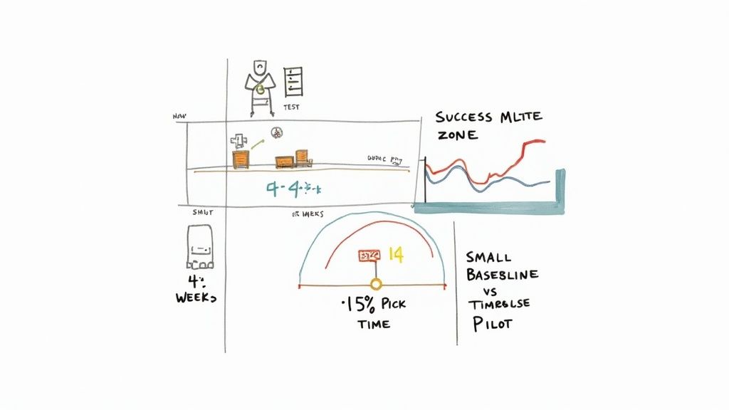 Supply chain optimization framework showing testing phases, success metrics, and pilot implementation timeline