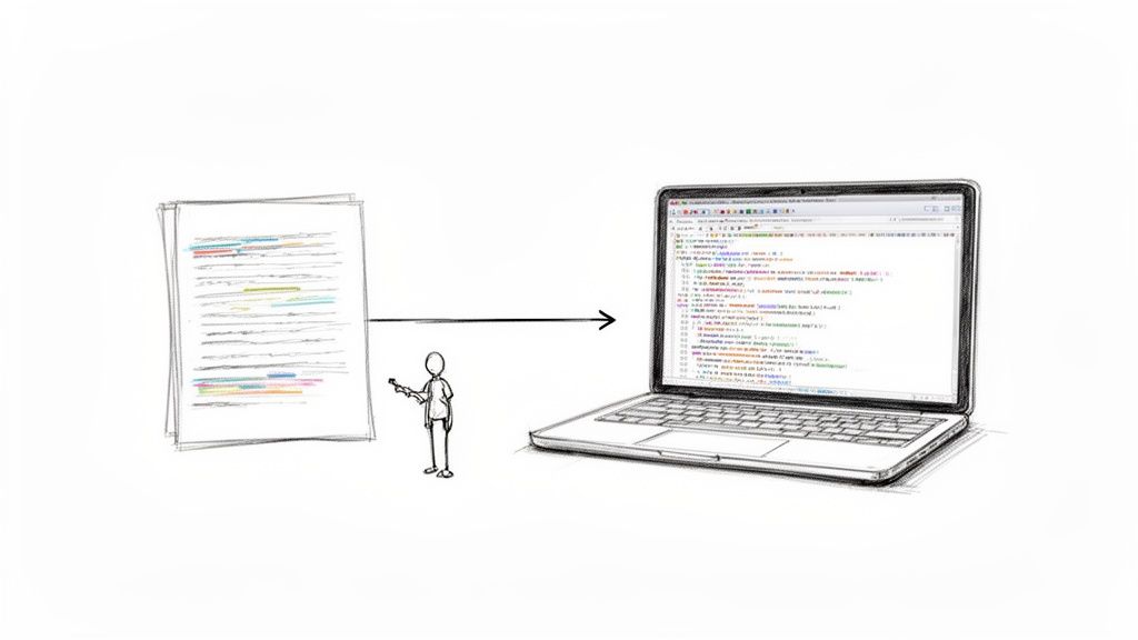 A stick figure uses an arrow to show highlighted paper documents being converted into digital code on a laptop.