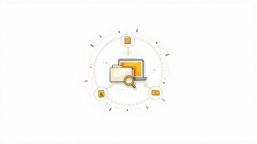Digital knowledge management system with folders, documents, search magnifying glass, and security icons illustration