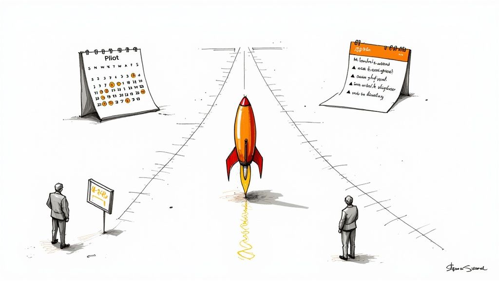 Two businessmen observe a rocket launch with calendars showing planning and benefits.