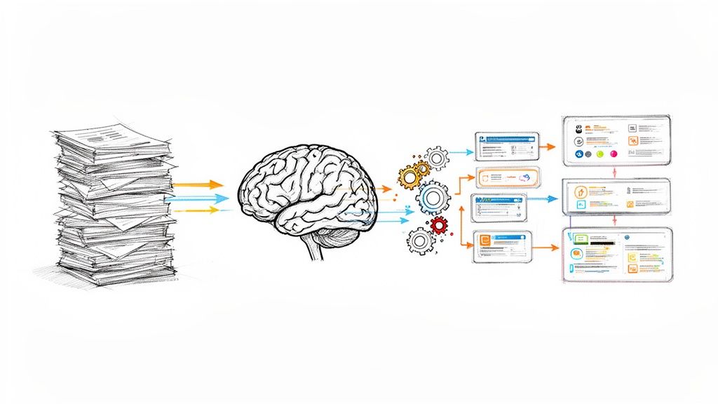 A diagram illustrates papers being input into a brain, processed through gears, and outputting as structured digital information.