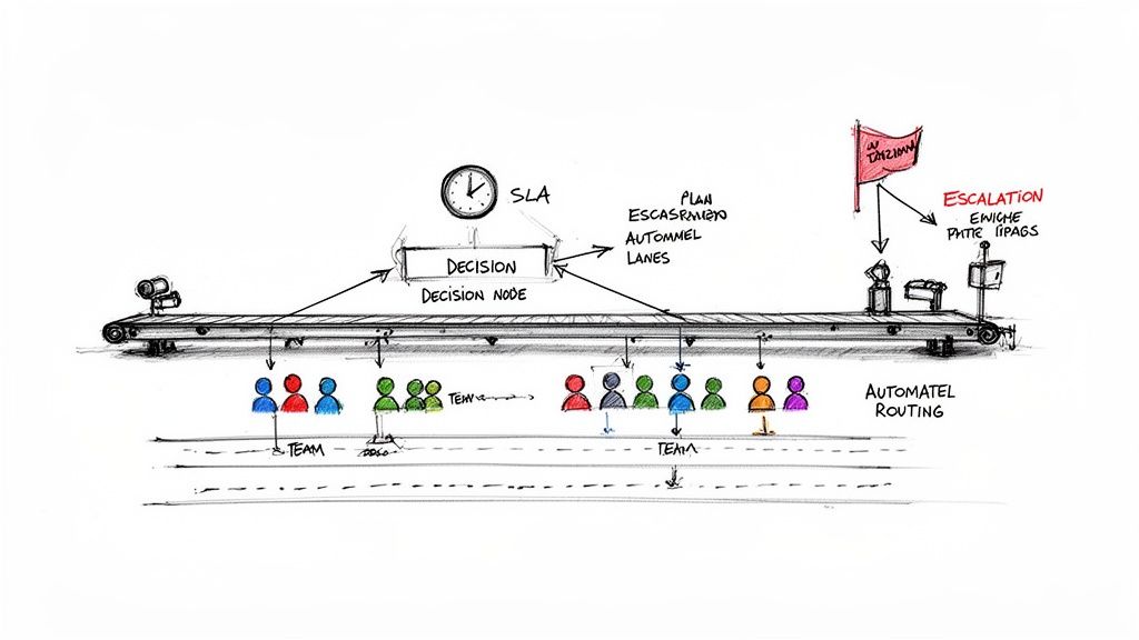 Diagram illustrating an automated task routing system with a decision node, SLA, teams, and an escalation process.