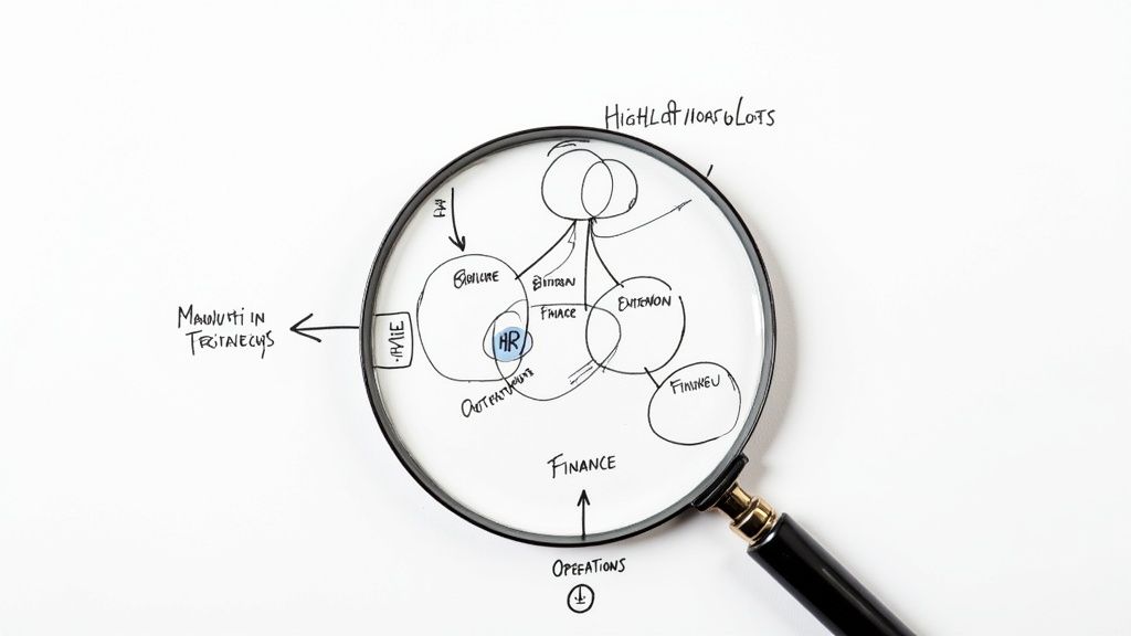 A team collaborates around a whiteboard covered in sticky notes, mapping out a business process.
