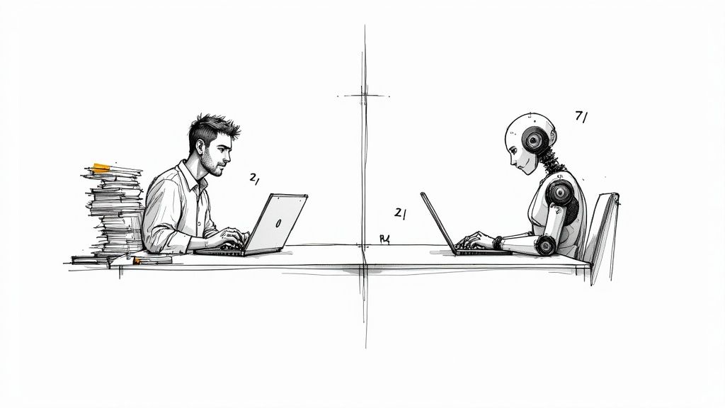 A man and a robot work on laptops at a divided desk, contrasting human vs. AI labor.