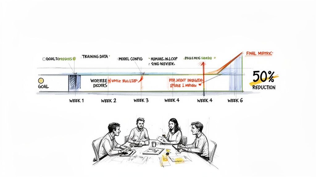 Project timeline with tasks, data, and model configuration, showing progress towards a 50% reduction goal.