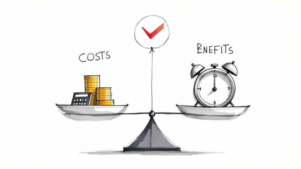 A group of professionals analyzing charts and graphs on a digital tablet, building a business case.